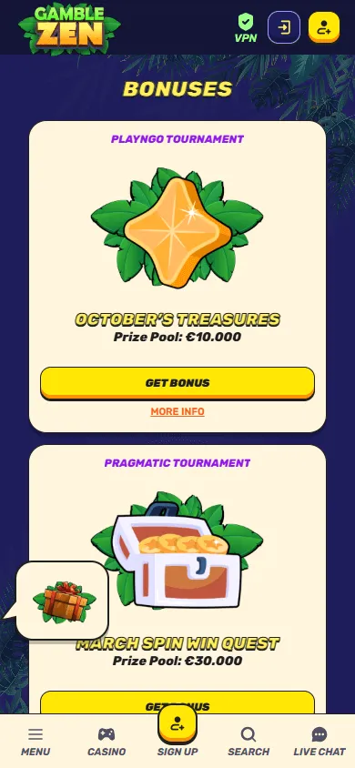 Gamblezen Casino mobile browser promotions interface